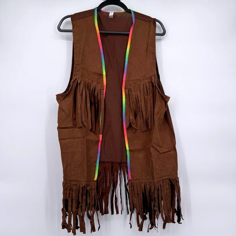 HIPPIE VEST COSTUME Brown Suede Fringe Rainbow Trim Unisex Standard NEW